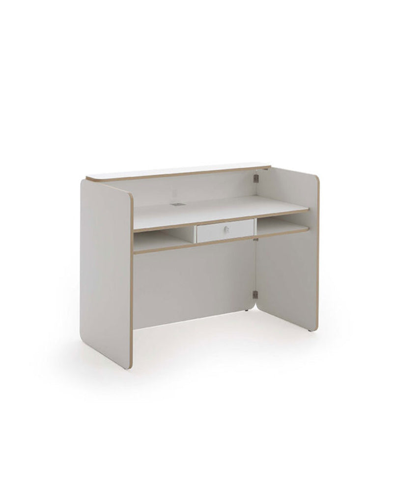 NIGHT - White reception desk - Edges in oak pattern