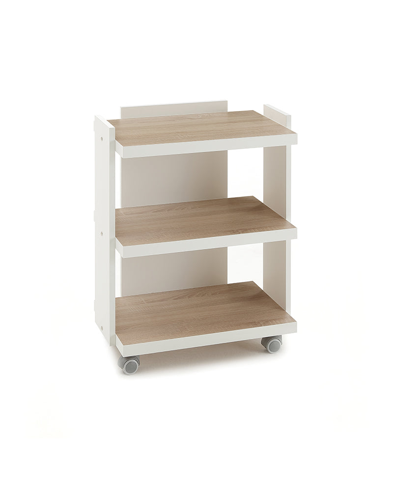 Living - White rolling table with shelves in oak pattern