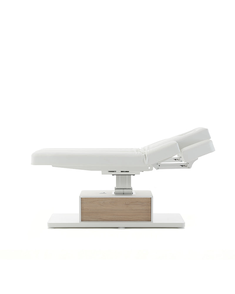 The Ben - White massage table with oak pattern details - with motor - with adjustable armrests