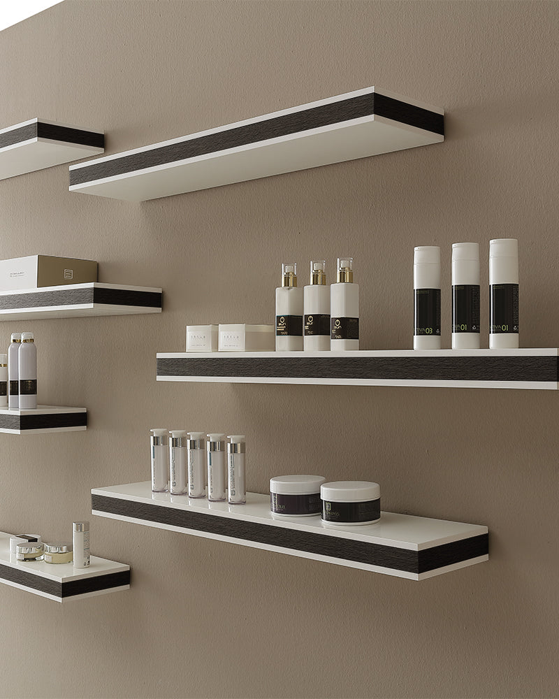 Stratos - White sales shelf - Edge in wenge wood pattern