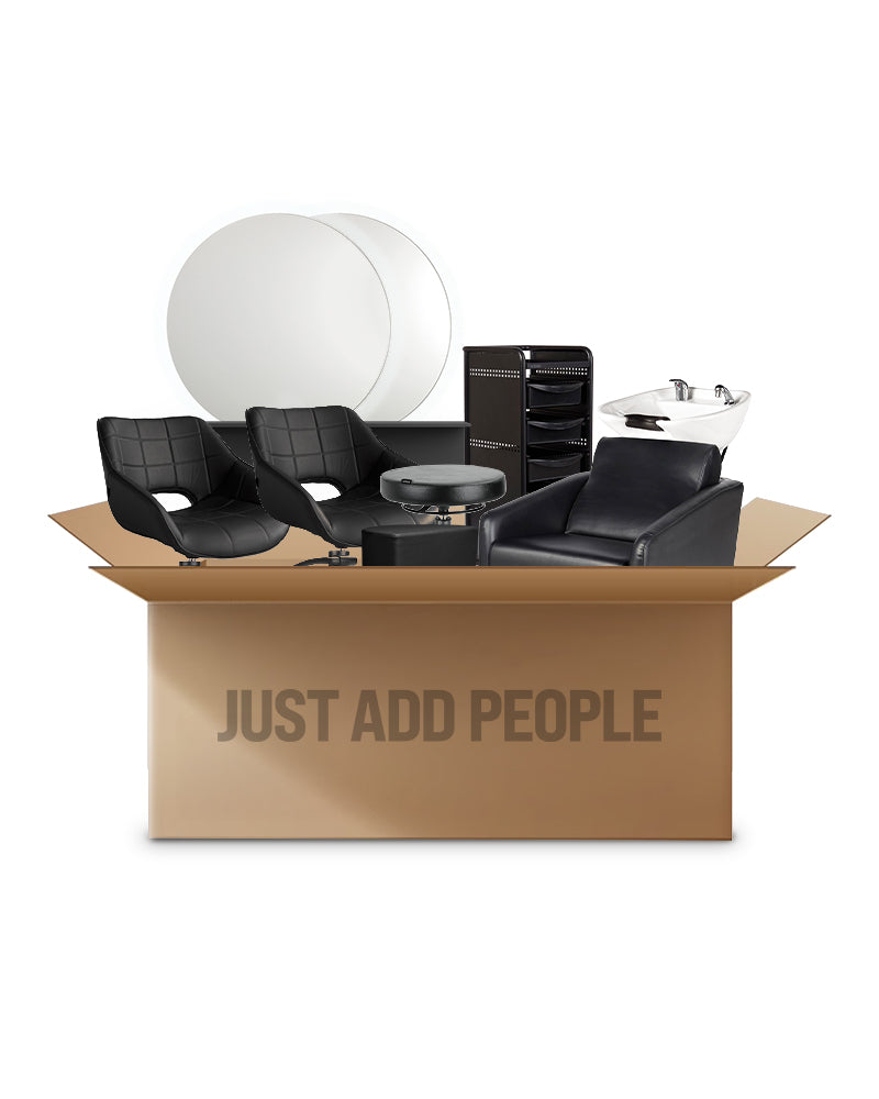 Black hairdressing starter kit with 2 styling stations, 1 washing unit and equipment