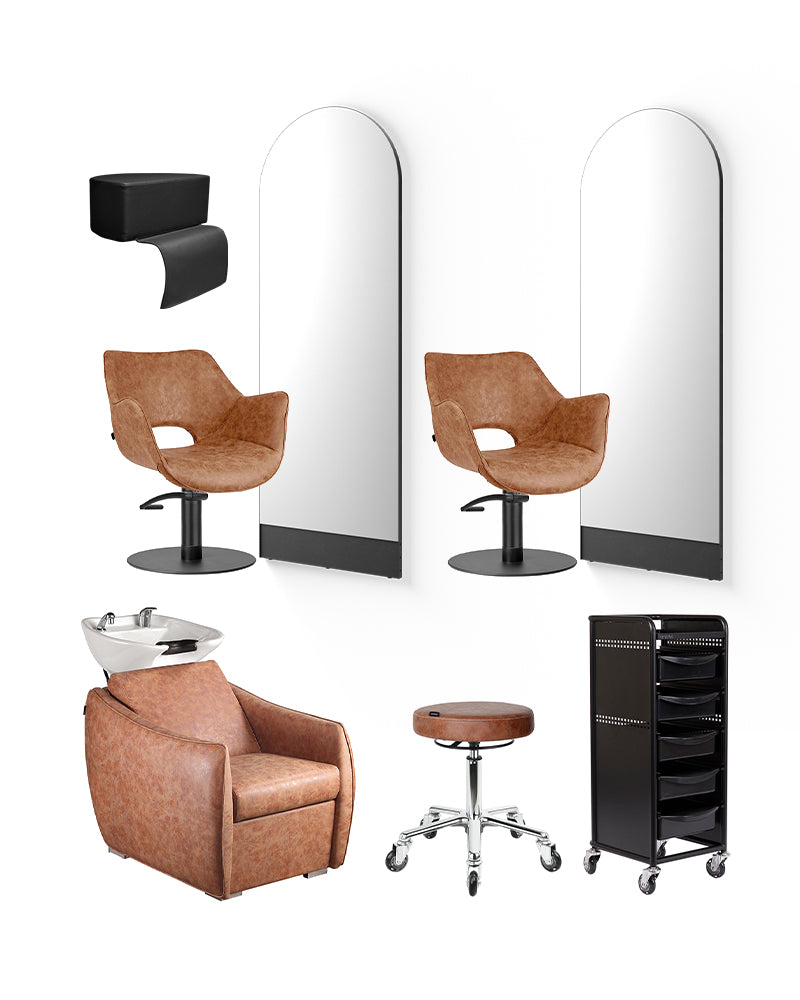 Tan sort frisør startpakke med 2 kundepladser, 1 vaskeplads og udstyr