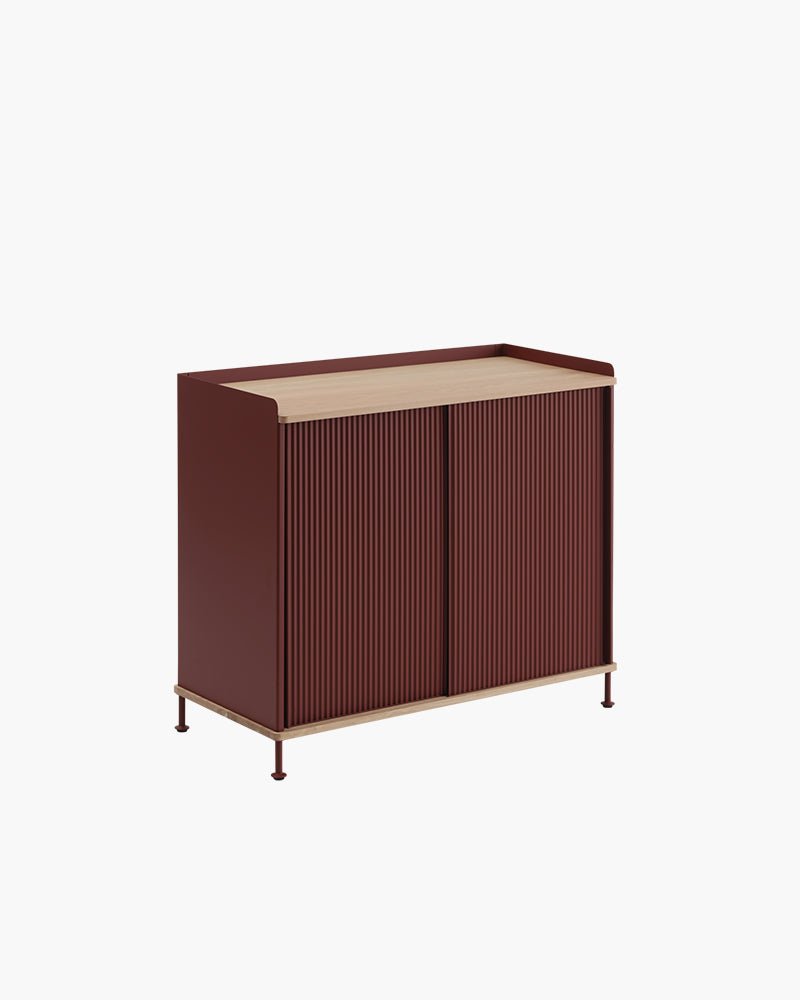 Enfold - Dark red sideboard - Fluted metal - Oak wood